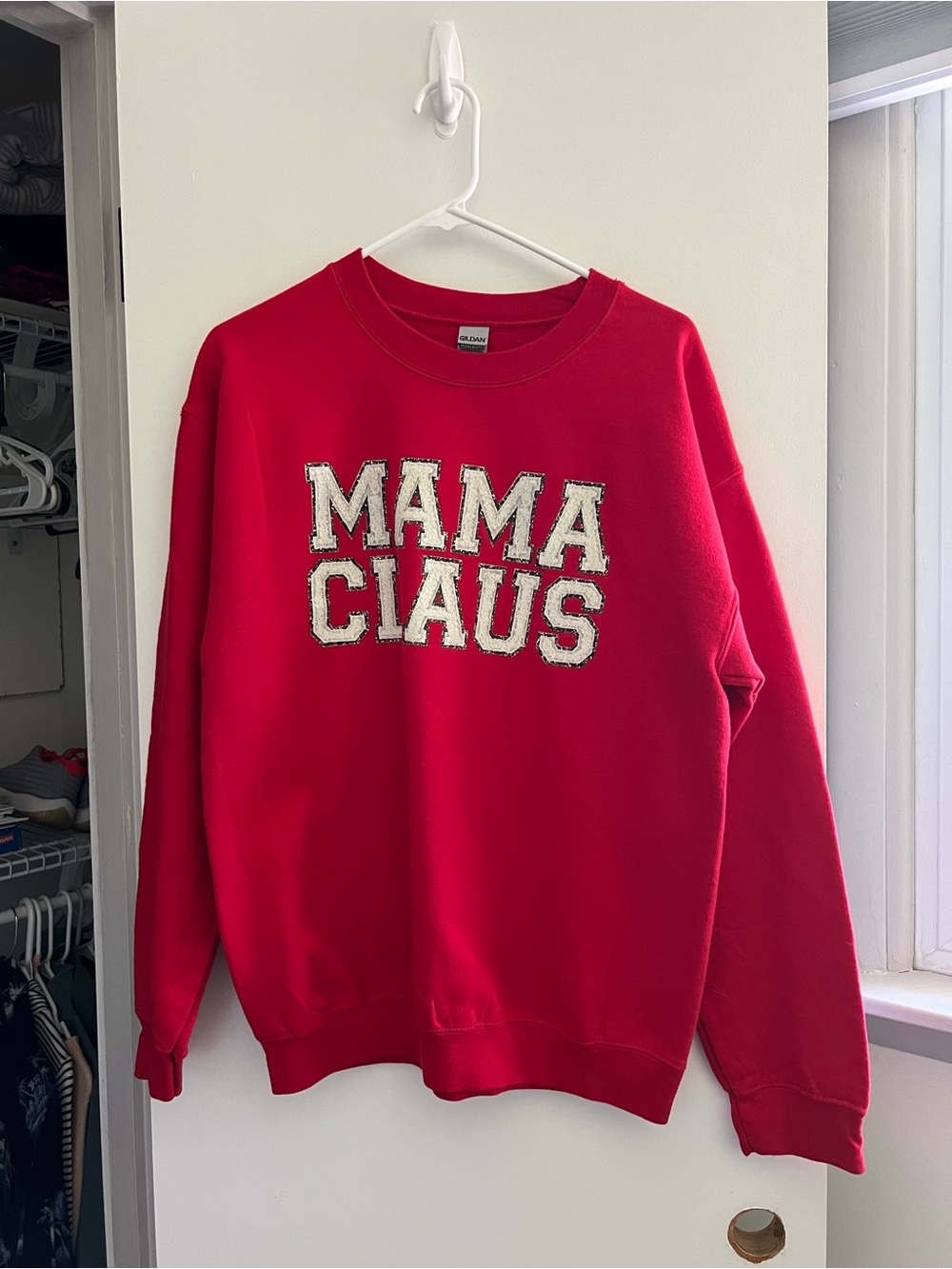 Red Crewneck Sweatshirt with 'MAMA CLAUS' Text